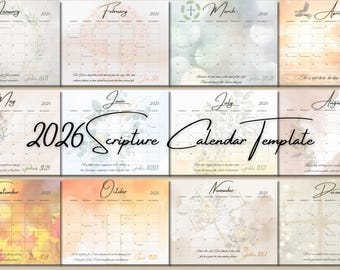 Calendario mensile 2026 con versetti della Bibbia in formato orizzontale con scritture, calendario da parete in formato lettera STAMPABILE e collegamento al MODELLO