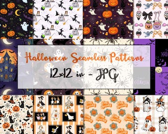 May include: A collection of digital Halloween seamless patterns featuring ghosts, pumpkins, black cats, witches, spiders, and geese. The image includes the text Halloween Seamless Patterns 12x12 in - JPG, showcasing various festive designs in orange, black, purple, and white.