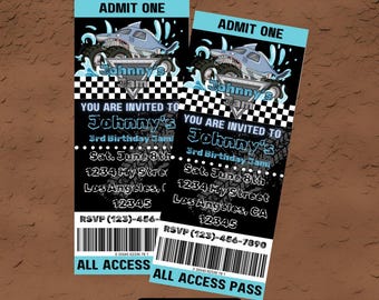 Monster Truck Ticket Birthday Invitation: Blue Canva Template (Digital)