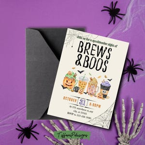 Invitación para fiesta de Halloween de cafés espeluznantes &quot;Brews & Boos&quot; - Plantilla editable para descargar