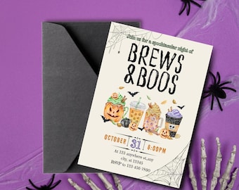 May include: Halloween-themed invitation with the text "Brews & Boos." The invitation features watercolor illustrations of festive drinks, pumpkins, and bats. A black envelope is next to the invitation on a purple background with spiderwebs and plastic spiders.