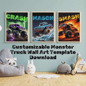 Monstertruck bearbeitbare Drucke, Jungen-Schlafzimmer-Wandkunst, 3er-Set, Monstertrucks-Wandkunst, Jungenraumdekor, druckbare Kunst, digitaler Download-Link