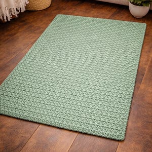 May include: A rectangular, sage green rug with a textured, woven pattern. The rug is placed on a dark wood floor, with a glimpse of a neutral-toned sofa and a potted plant in the background. The rug appears to be made of a soft material.