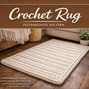 Puede incluir: Alfombra de ganchillo rectangular de color crema con un diseño acanalado texturizado. La alfombra se muestra sobre un suelo de madera. El texto "Crochet Rug" y "Intermediate Pattern" están en la parte superior. El texto en la parte inferior dice que se cree la alfombra con cordón macramé de 3 mm.