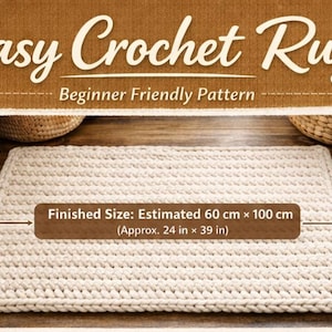 Puede incluir: Alfombra rectangular de ganchillo color crema, de aproximadamente 60 cm x 100 cm. La imagen incluye el texto "Easy Crochet Rug" y "Beginner Friendly Pattern".