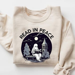 Halloween Read In Peace Sweatshirt, Halloween Ghost Reading Hoodie, Funny Halloween Shirt, Book Lover Halloween Gift, Cute Long Sleeve Gift