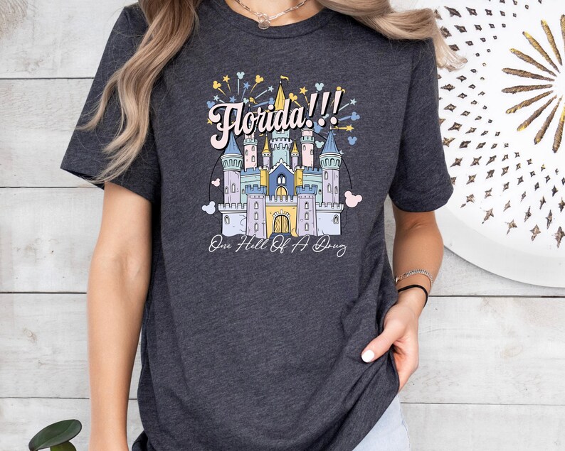 May include: A dark gray t-shirt with a colorful illustration of a castle and fireworks. The text "Florida!!!" is above the castle and the text "One Hell Of A Day" is below the castle.