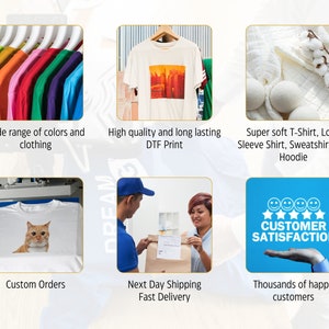 May include: A variety of colors of t-shirts on hangers, a white t-shirt with a colorful graphic print, a white t-shirt with a cat graphic, a white towel with cotton balls, a person holding a package, and a blue sign with the text "CUSTOMER SATISFACTION" and five stars.