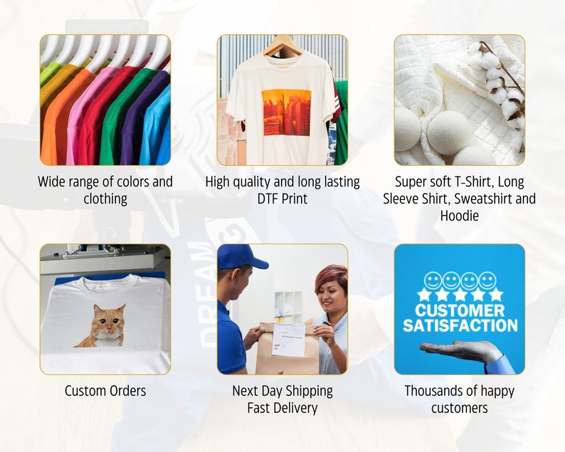 May include: A variety of colors of t-shirts on hangers, a white t-shirt with a colorful graphic print, a white t-shirt with a cat graphic, a white towel with cotton balls, a person holding a package, and a blue sign with the text "CUSTOMER SATISFACTION" and five stars.