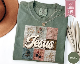 Comfort Colors® Patchwork Jesus Shirt, Faux Quilted Religious T-Shirt, Christian Clothing, Faith Tee, Preppy Cottagecore Jesus Cloth Apparel
