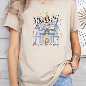 May include: A beige t-shirt with a colorful illustration of a castle and the text "Florida!!! One Hell of a  Dream".