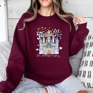 May include: Burgundy sweatshirt with a graphic of a castle and fireworks. The text "Florida!!" and "One Hell Of A Day" are printed on the sweatshirt.
