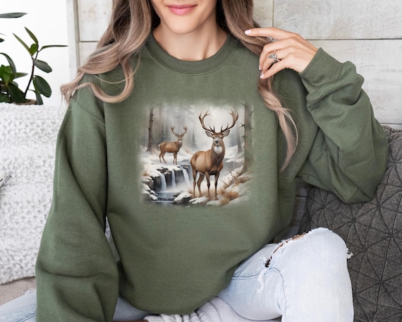 Retro Deer Wilderness Scene Sweatshirt, Unisex Deer Hoodie