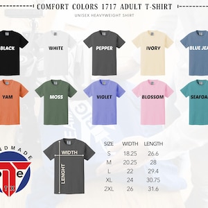 a collection of t-shirt designs in various colors, including black, white, pepper, ivory, blue jeans, yam, moss, violet, blossom, and seafoam. The t-shirts are labeled with their respective sizes and widths, as well as the brand 'UNISEX HEAVY T-SHIRT'.