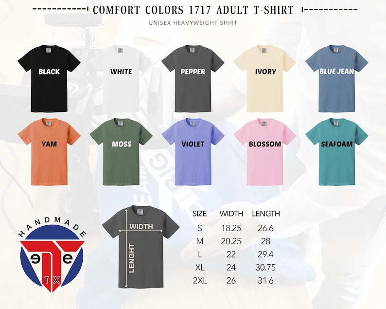 a collection of t-shirt designs in various colors, including black, white, pepper, ivory, blue jeans, yam, moss, violet, blossom, and seafoam. The t-shirts are labeled with their respective sizes and widths, as well as the brand 'UNISEX HEAVY T-SHIRT'.