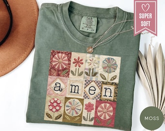 Comfort Colors® Amen Quilt Style Shirt, Faux Patchwork Floral Christian T-Shirt, Cottagecore Faith Tee Handmade Look Religious Cloth Apparel