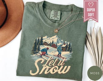 Comfort Colors® Let it Snow Skiing Shirt, Skier T-Shirt, Ski Trip Family Tee, Winter Sports Clothing, Snow Lover Gift, Christmas Skiing Gift
