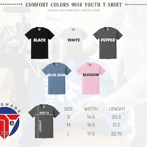 a variety of youth t-shirts in different colors, sizes, and styles, along with their corresponding measurements.