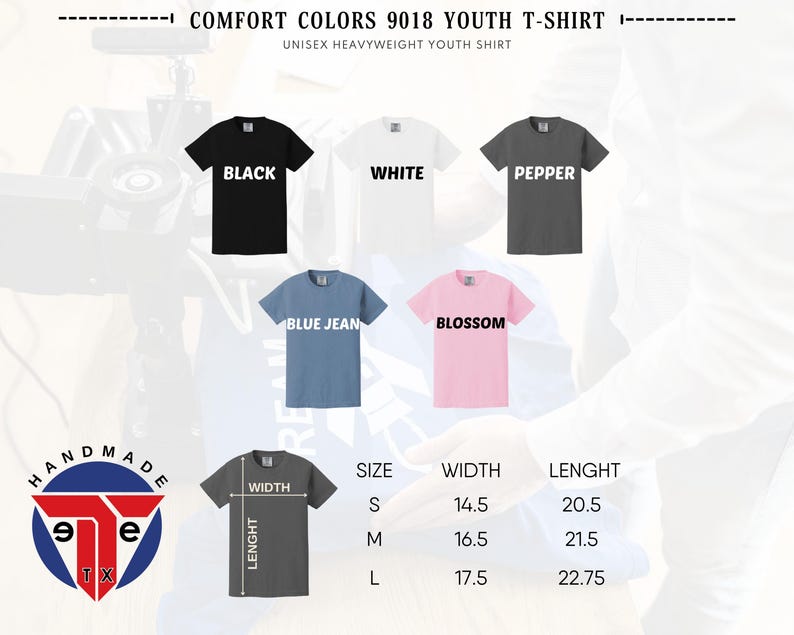 a variety of youth t-shirts in different colors, sizes, and styles, along with their corresponding measurements.