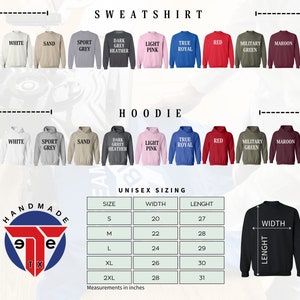 May include: A chart showing unisex sizing for sweatshirts and hoodies. The chart shows sizes S, M, L, XL, and 2XL with corresponding width and length measurements in inches. The chart is accompanied by a black hoodie with the words "WIDTH" and "LENGTH" labeled on it.