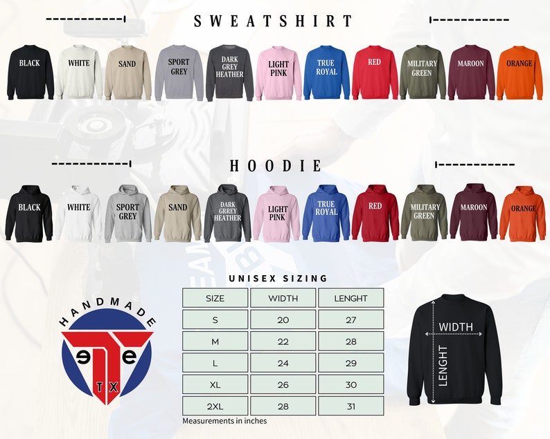 May include: A chart showing unisex sizing for sweatshirts and hoodies. The chart shows sizes S, M, L, XL, and 2XL with corresponding width and length measurements in inches. The chart is accompanied by a black hoodie with the words "WIDTH" and "LENGTH" labeled on it.