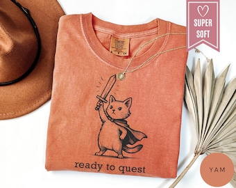 Comfort Colors® Medieval Cat Shirt, Ready To Quest Tee, Retro Quirky Cat T-Shirt, Funny Clothes, Meme Clothing, Knight Vintage Weirdcore