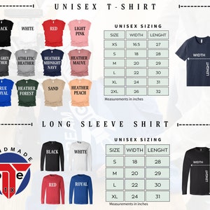 May include: A chart showing unisex sizing for t-shirts and long-sleeve shirts. The chart shows the width and length measurements in inches for sizes XS, S, M, L, XL, and 2XL. The chart is accompanied by images of different colored t-shirts and long-sleeve shirts.
