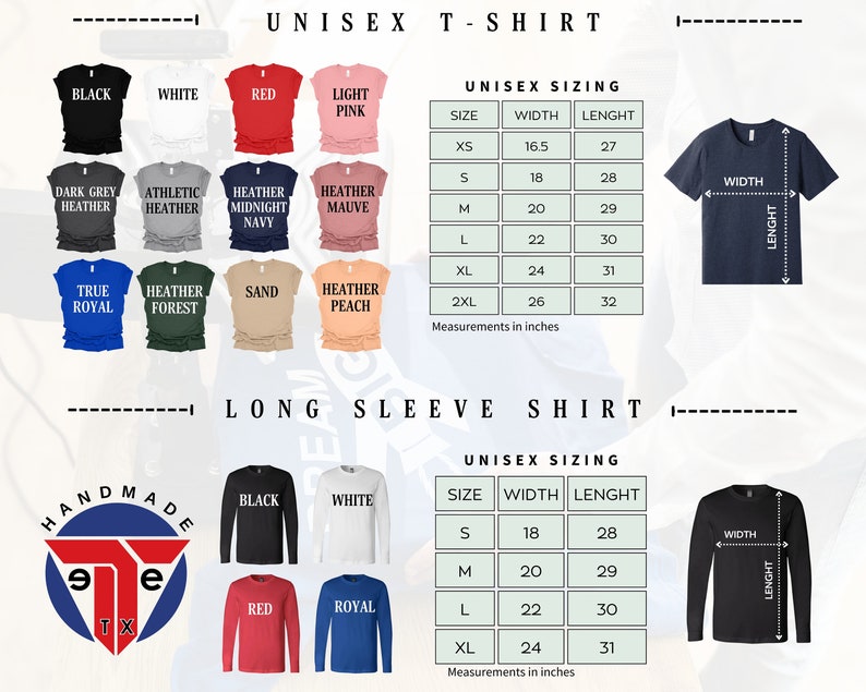 May include: A chart showing unisex sizing for t-shirts and long-sleeve shirts. The chart shows the width and length measurements in inches for sizes XS, S, M, L, XL, and 2XL. The chart is accompanied by images of different colored t-shirts and long-sleeve shirts.