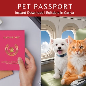 Passaporte digital/imprimível para animais de estimação, registro de saúde para animais de estimação, registro de vacinação, certificado de saúde veterinária, download instantâneo, editável no Canva