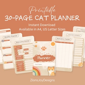 Planificador imprimible para gatos, guía de vacunación, planificador de cuidados, diario, registros, PDF rellenable (tamaños A4 y carta estadounidense)