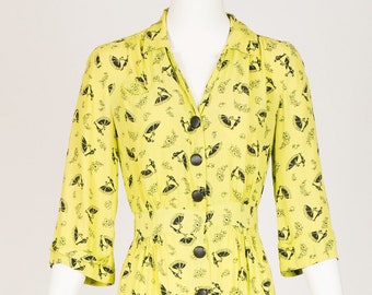 1940s Vintage "Vogue" Ballroom Novelty Print Chartreuse Rayon Crepe Dress Sz S