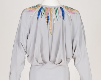 Tunika-bluzka z cekinami i piórami w stylu vintage z lat 80., z rękawami typu dolman, rozmiar M/L