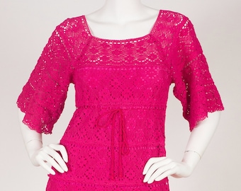 1970s Vintage Mexican Hot Pink Cotton Crochet Maxi Dress Sz XS