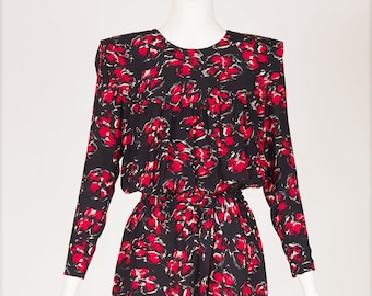 1980s Vintage French Red Floral Print Black Silk Belted Dress Sz S M