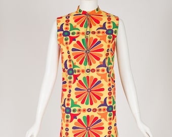 1960s Vintage Geometric Print Indian Cotton Shift Dress by India Pona Sz S M