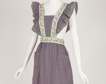 1940s Vintage Floral & Polka Dot Cotton Ruffle Pinafore House Dress Sz XS