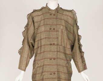 1980s Vintage Japanese Striped Beige Linen Tunic Top & Skirt Set Sz XS