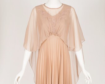 1970s Vintage Ethereal Beige Capelette Pleated Formal Dress Sz S