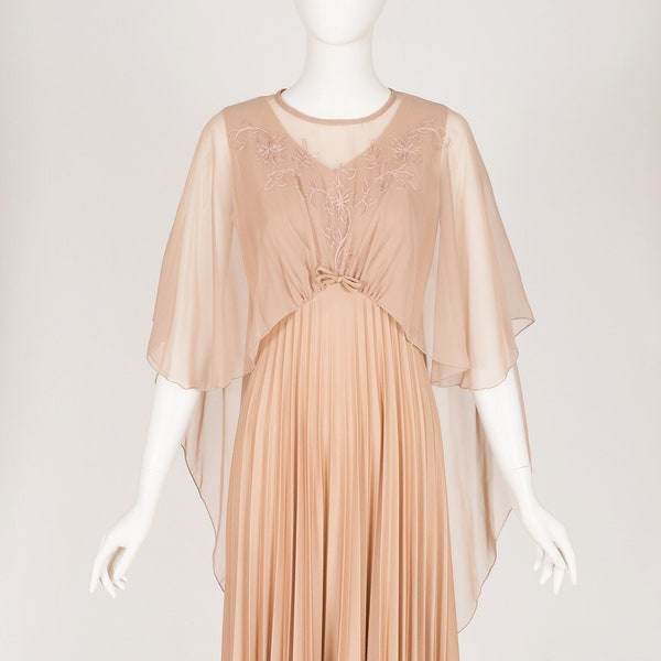 1970s Vintage Ethereal Beige Capelette Pleated Formal Dress Sz S M