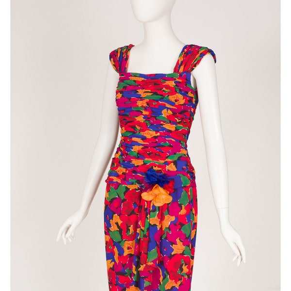 Victor Costa 1980s Vintage Ruched Floral Print Chiffon Cocktail Dress Sz XS