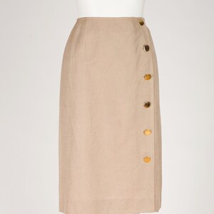 Guy Laroche 1980s Vintage Beige Linen Gold Button-Up Skirt Sz XS