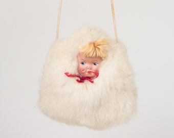 1940er/1950er Jahre Vintage Kinder Pappmaché Puppe Kaninchenfell Muff Handwärmer