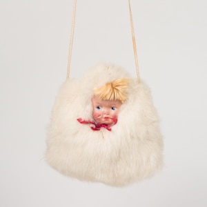 1940s/1950s Vintage Children&#39;s Paper Mache Doll Rabbit Fur Muff Hand Warmer