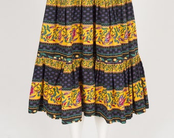 1980s Vintage French Provencal Floral Cotton Tiered Midi Skirt Sz XS-L