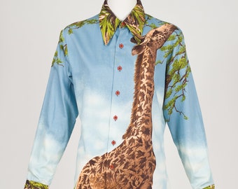 Nino Mori Milano 1970s Vintage Men's Giraffe All-Over Print Cotton Button-Up Shirt