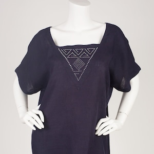 Escada 1980s Vintage Rhinestone Navy Linen Short Sleeve Top Sz