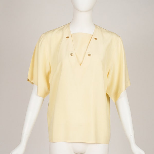 Anne-Marie Beretta 1980s Vintage Pastel Yellow Silk Short Sleeve Blouse Sz S M L