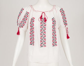 Vintage Red Embroidered White Cotton Gauze Eastern European Short Sleeve Peasant Blouse