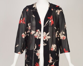 1970s-does-1930s Vintage British Boutique Floral Black Rayon Chiffon Jacket by Kim London