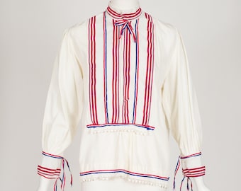 Vintage Ribbon Trim White Cotton Eastern European Folk Blouse